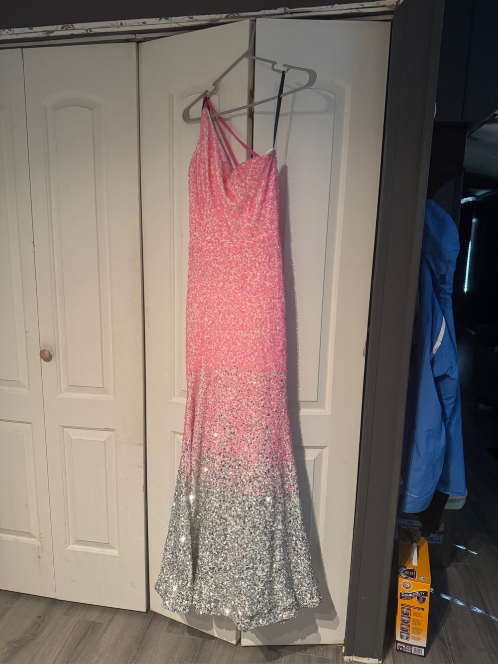 Alyce Paris Pink and Silver Ombre Sequin One-Shoulder Gown
